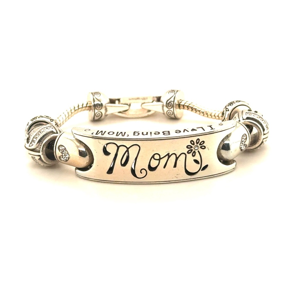 Brighton Mom ID Bracelet Silver Tone Heart Flower Charm Snake Chain 7 Inch